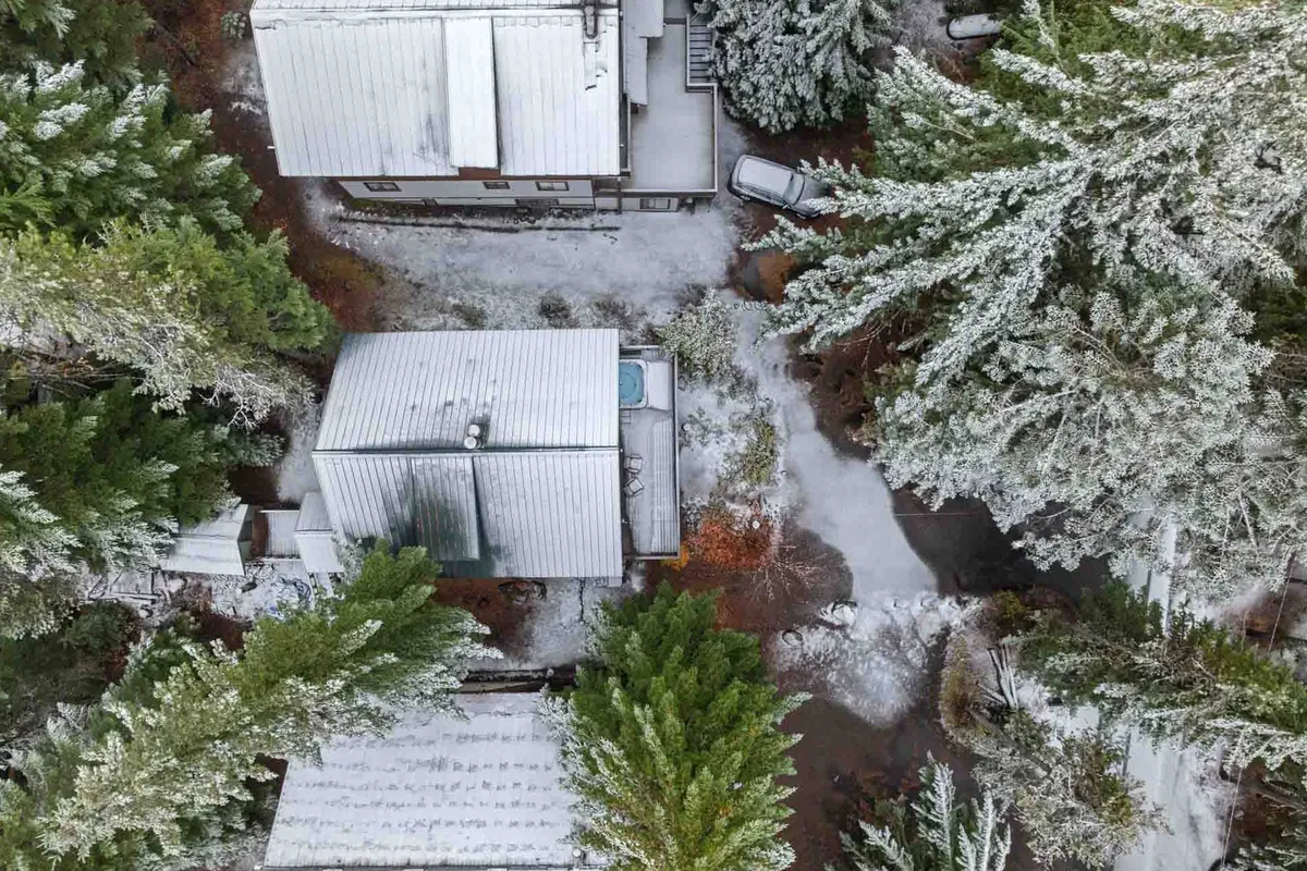 A tranquil winter exterior scene featuring two chalet-style houses nestled among dense trees, with snow covering the ground and rooftops. The setting radiates peace and hints at possible outdoor activities, while the clustered homes evoke togetherness.
